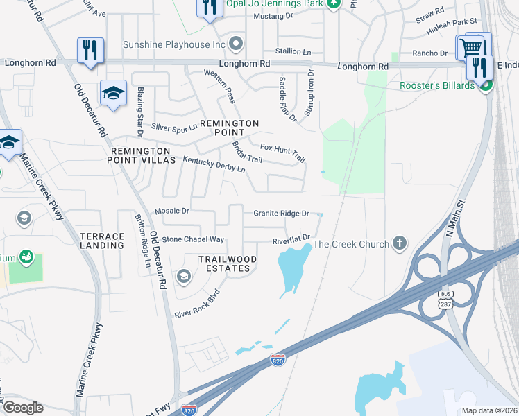 map of restaurants, bars, coffee shops, grocery stores, and more near 805 Kentucky Derby Lane in Fort Worth