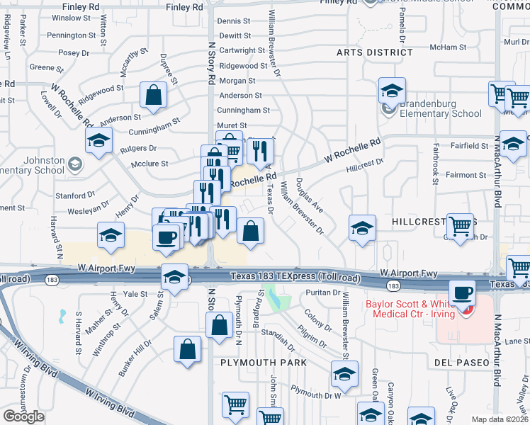 map of restaurants, bars, coffee shops, grocery stores, and more near 2601 Texas Drive in Irving