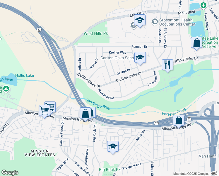 map of restaurants, bars, coffee shops, grocery stores, and more near 8439 Carlton Oaks Drive in Santee
