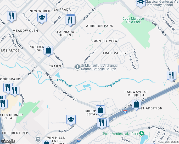 map of restaurants, bars, coffee shops, grocery stores, and more near 805 Pebble Beach Drive in Garland