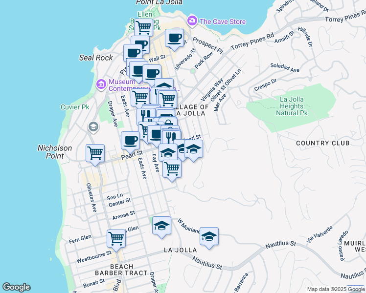 map of restaurants, bars, coffee shops, grocery stores, and more near 1104 Pearl Street in San Diego