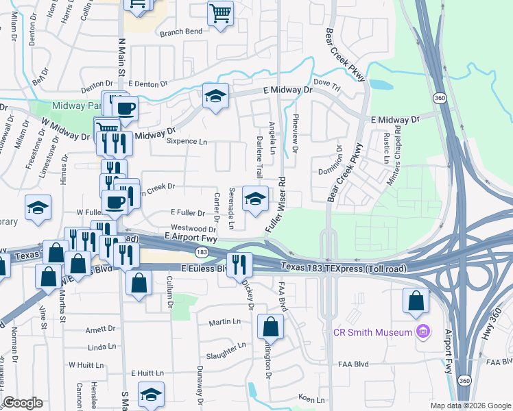 map of restaurants, bars, coffee shops, grocery stores, and more near 504 Port Royale Way in Euless