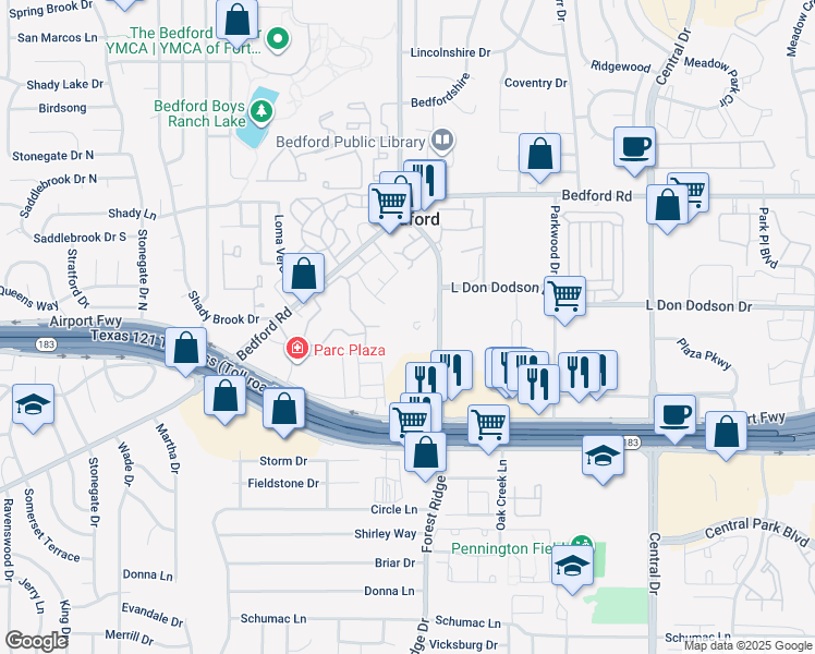 map of restaurants, bars, coffee shops, grocery stores, and more near 1997 Forest Ridge Drive in Bedford
