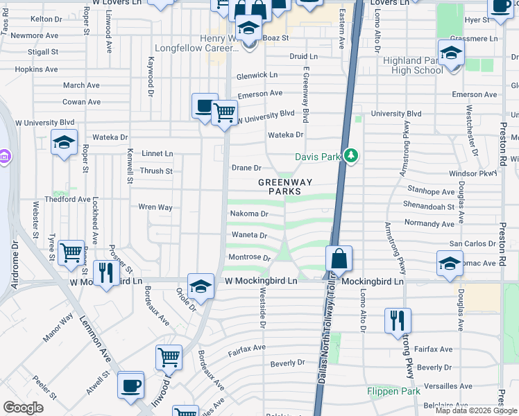map of restaurants, bars, coffee shops, grocery stores, and more near 5354 Wenonah Drive in Dallas