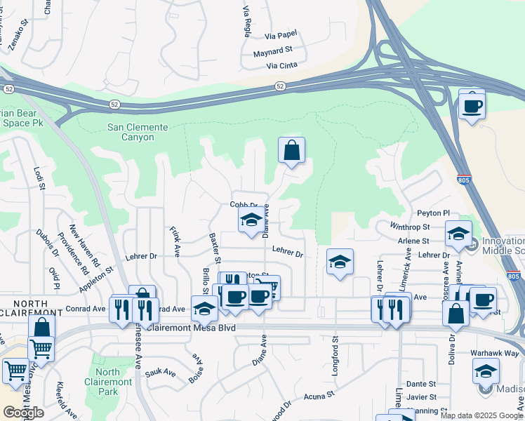map of restaurants, bars, coffee shops, grocery stores, and more near 4820 Cobb Drive in San Diego
