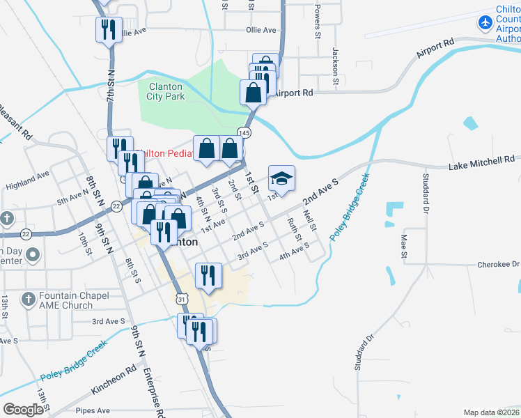 map of restaurants, bars, coffee shops, grocery stores, and more near 100 1st Avenue in Clanton