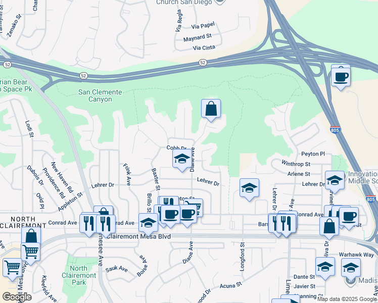 map of restaurants, bars, coffee shops, grocery stores, and more near 4835 Cobb Drive in San Diego