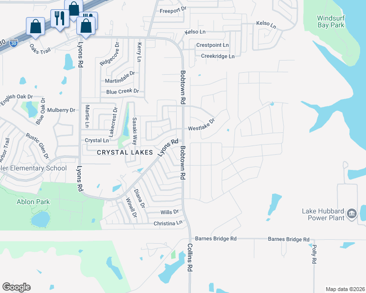 map of restaurants, bars, coffee shops, grocery stores, and more near 5427 Bobtown Road in Garland