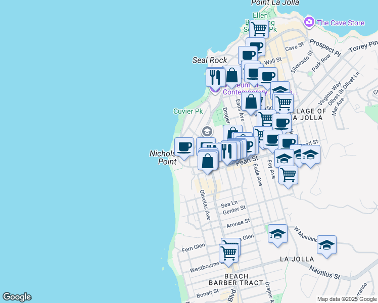 map of restaurants, bars, coffee shops, grocery stores, and more near 302 Prospect Street in San Diego