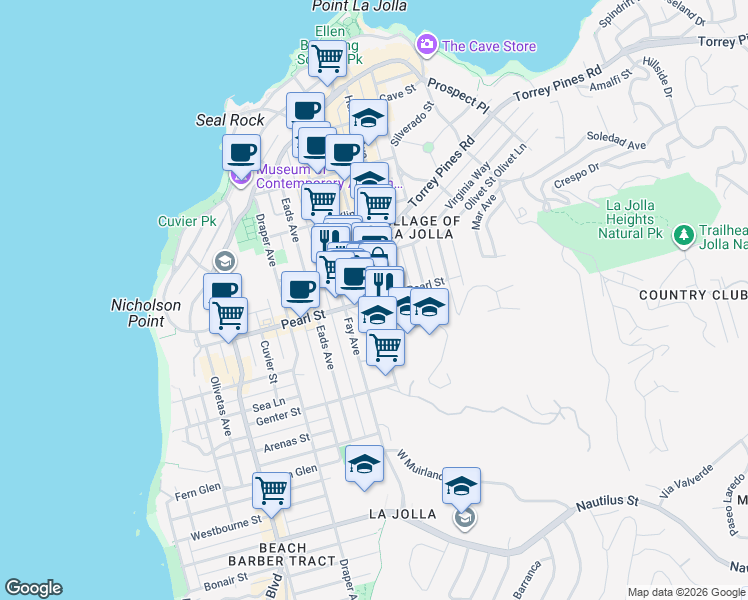 map of restaurants, bars, coffee shops, grocery stores, and more near Pearl Street & Girard Avenue in San Diego
