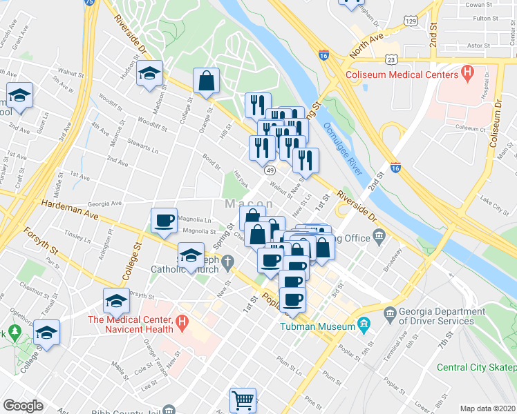 map of restaurants, bars, coffee shops, grocery stores, and more near 871 Georgia 49 in Macon