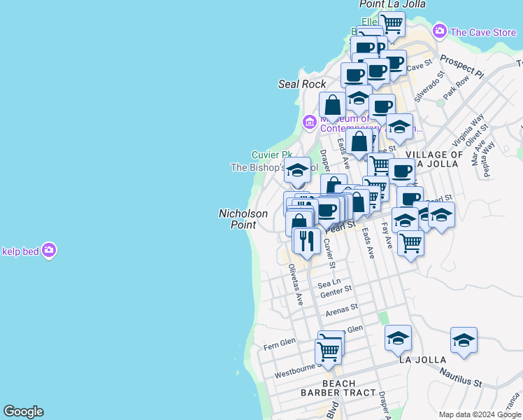 map of restaurants, bars, coffee shops, grocery stores, and more near 265 Coast Boulevard in San Diego