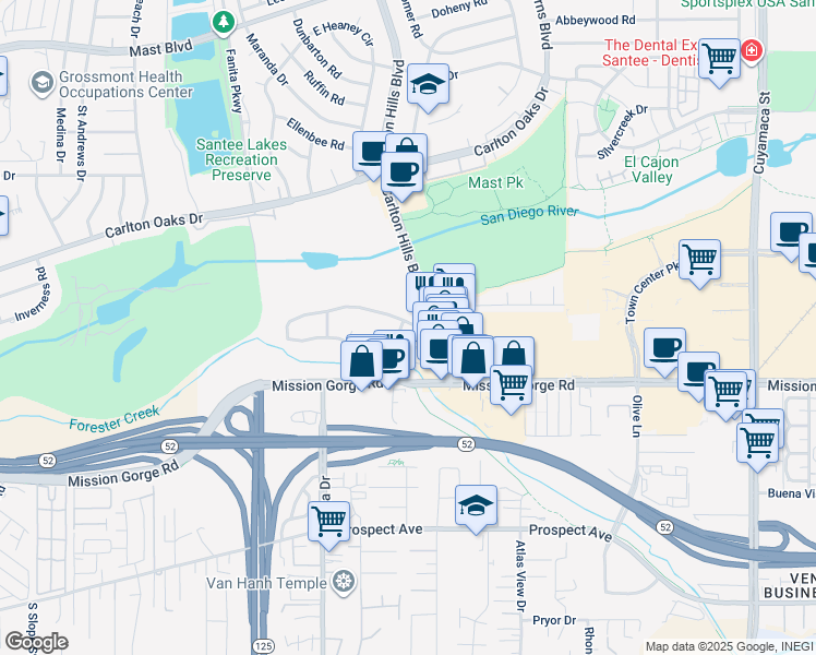 map of restaurants, bars, coffee shops, grocery stores, and more near 9016 Carlton Hills Boulevard in Santee