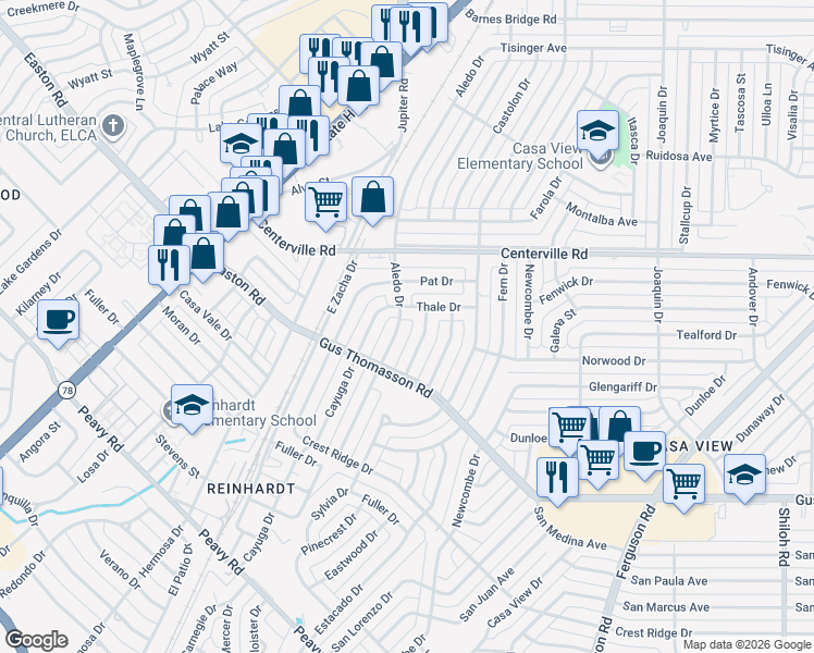 map of restaurants, bars, coffee shops, grocery stores, and more near 10663 Sylvia Drive in Dallas