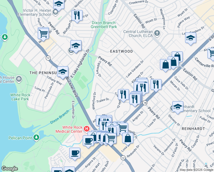 map of restaurants, bars, coffee shops, grocery stores, and more near 9806 County Cork Drive in Dallas