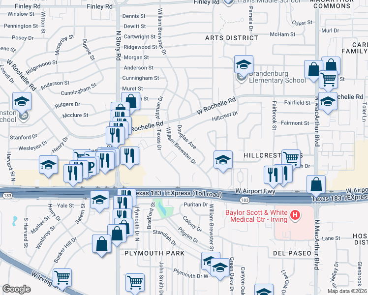 map of restaurants, bars, coffee shops, grocery stores, and more near 2517 Douglas Avenue in Irving