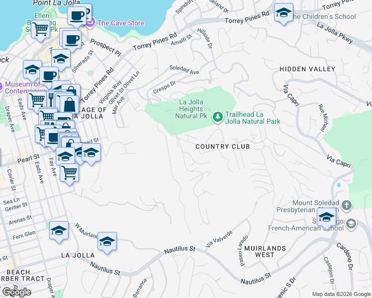 map of restaurants, bars, coffee shops, grocery stores, and more near 7295 Country Club Drive in San Diego