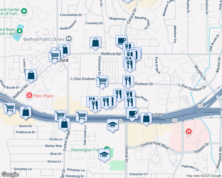 map of restaurants, bars, coffee shops, grocery stores, and more near 1999 L Don Dodson Drive in Bedford
