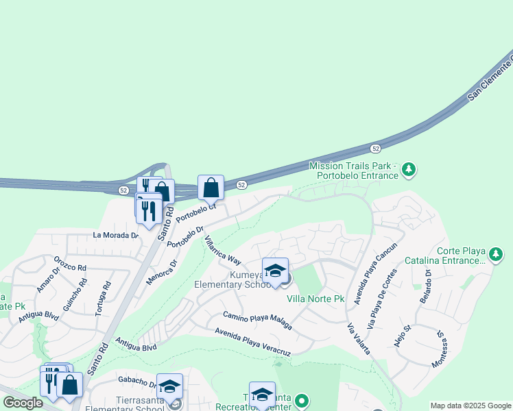 map of restaurants, bars, coffee shops, grocery stores, and more near Portobelo Drive in San Diego