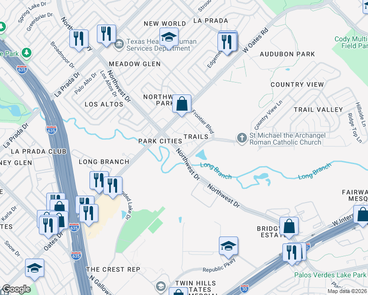map of restaurants, bars, coffee shops, grocery stores, and more near 5848 Northwest Drive in Mesquite