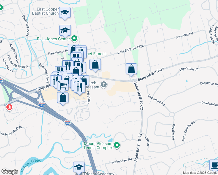 map of restaurants, bars, coffee shops, grocery stores, and more near 750 Long Point Road in Mount Pleasant