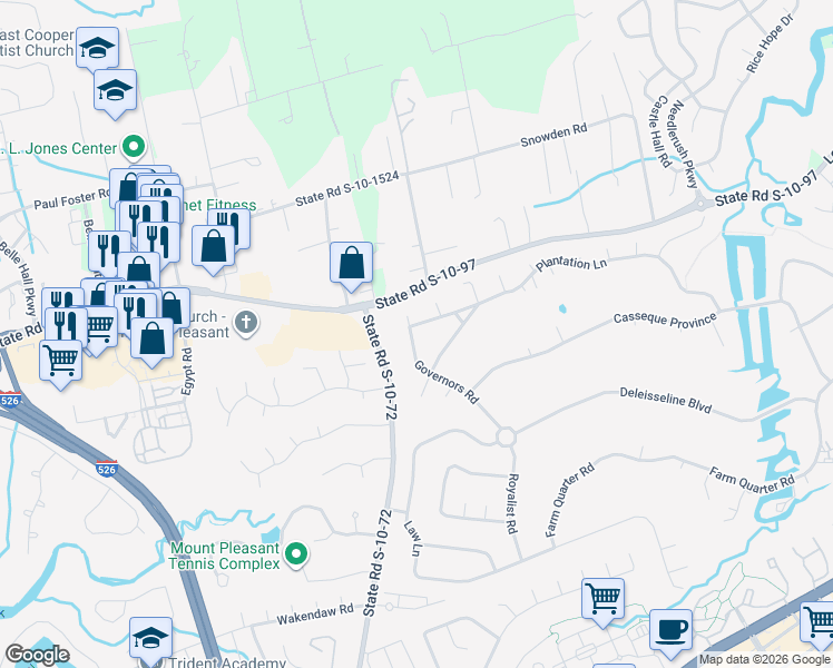 map of restaurants, bars, coffee shops, grocery stores, and more near 978 Governors Road in Mount Pleasant
