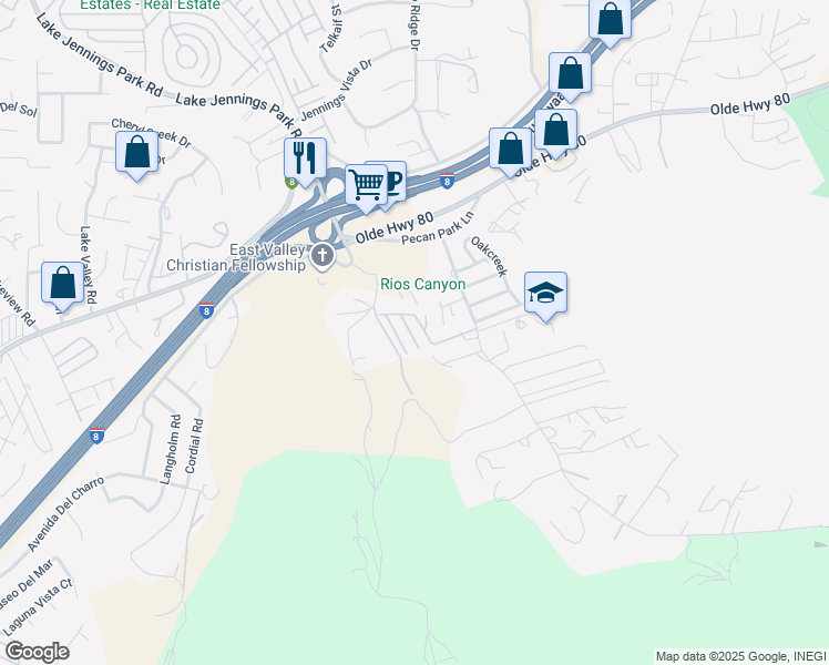 map of restaurants, bars, coffee shops, grocery stores, and more near 9113 East Sierra Alta Way in El Cajon