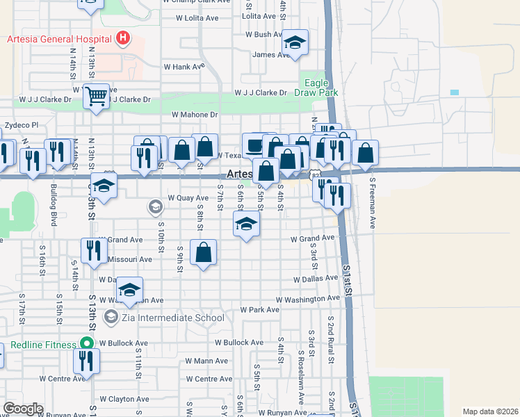 map of restaurants, bars, coffee shops, grocery stores, and more near 208 South 5th Street in Artesia