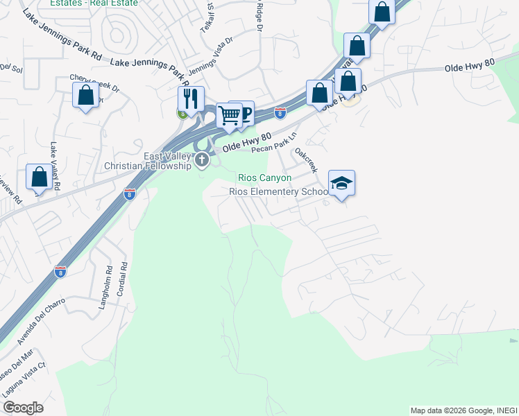 map of restaurants, bars, coffee shops, grocery stores, and more near 9113 East Sierra Alta Way in El Cajon