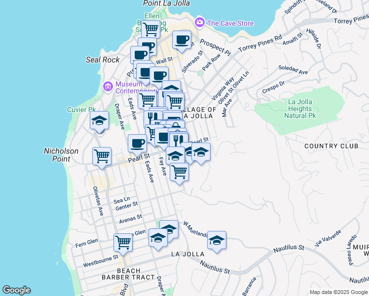 map of restaurants, bars, coffee shops, grocery stores, and more near 1104 Pearl Street in San Diego