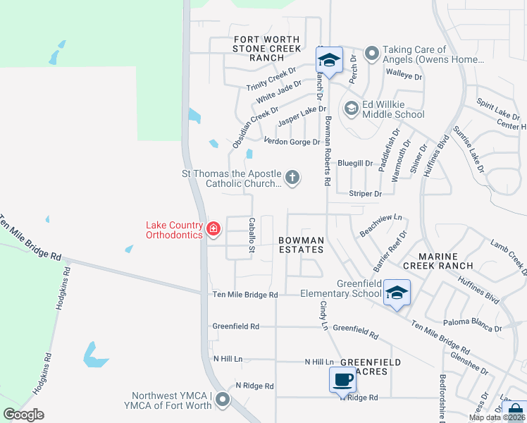 map of restaurants, bars, coffee shops, grocery stores, and more near 5836 Caballo Street in Fort Worth