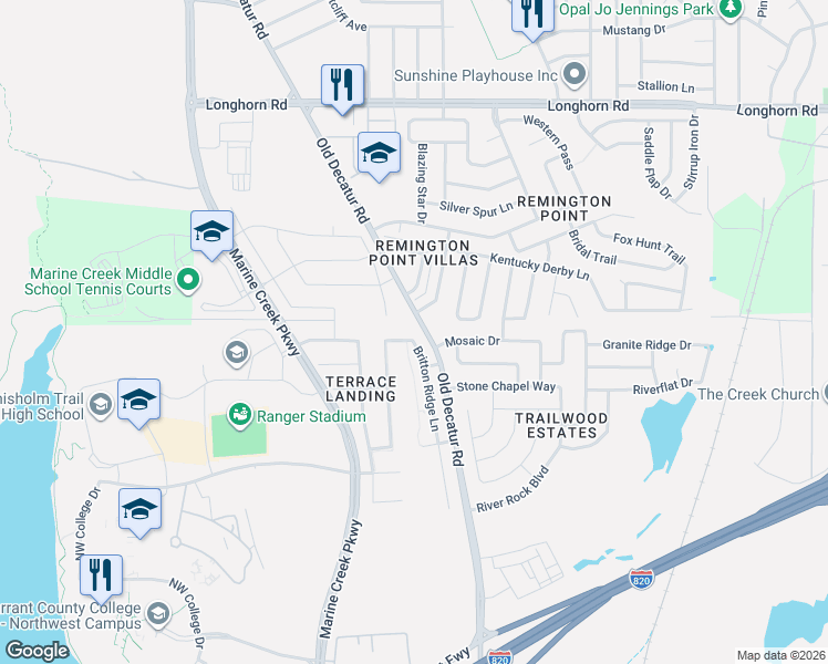 map of restaurants, bars, coffee shops, grocery stores, and more near 5300 Britton Ridge Lane in Fort Worth