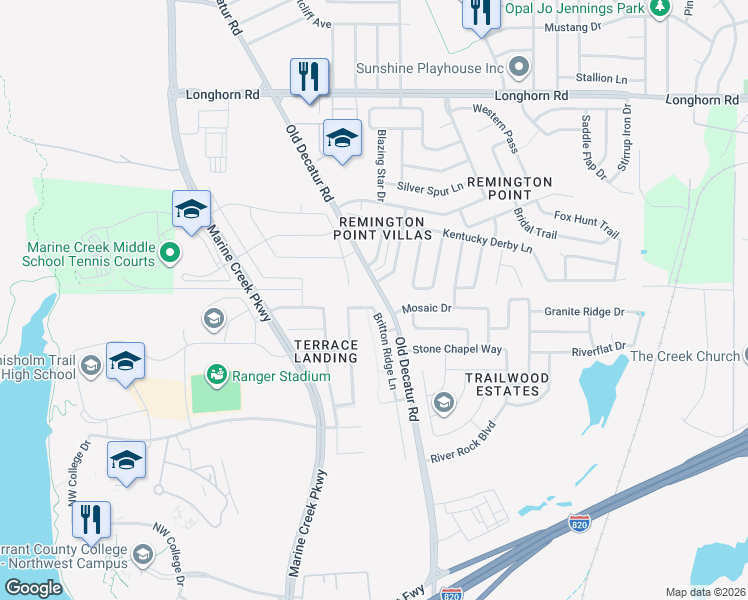 map of restaurants, bars, coffee shops, grocery stores, and more near 5700 Blue Ribbon Road in Fort Worth