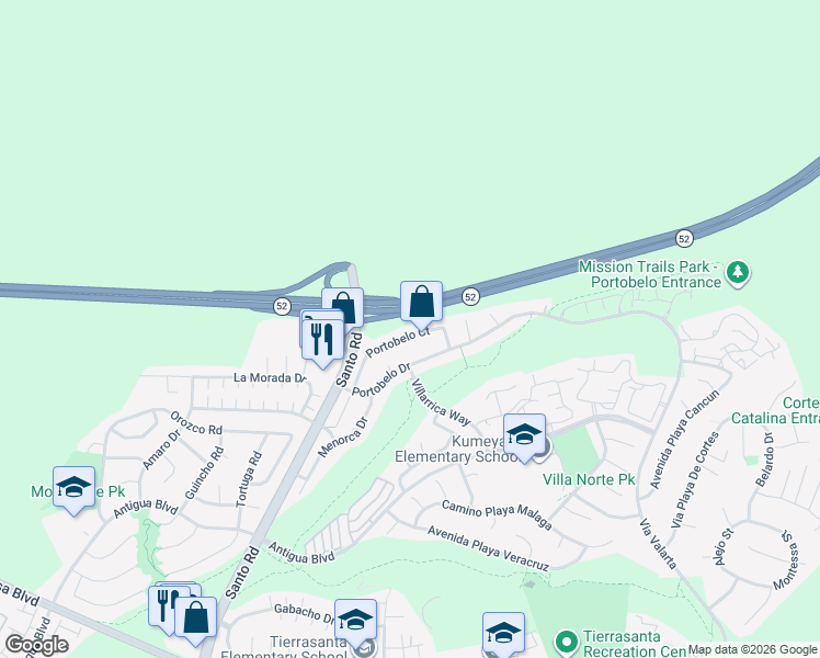 map of restaurants, bars, coffee shops, grocery stores, and more near 6128 Portobelo Court in San Diego