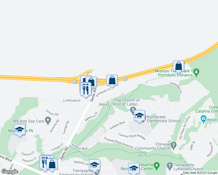 map of restaurants, bars, coffee shops, grocery stores, and more near 6128 Portobelo Court in San Diego