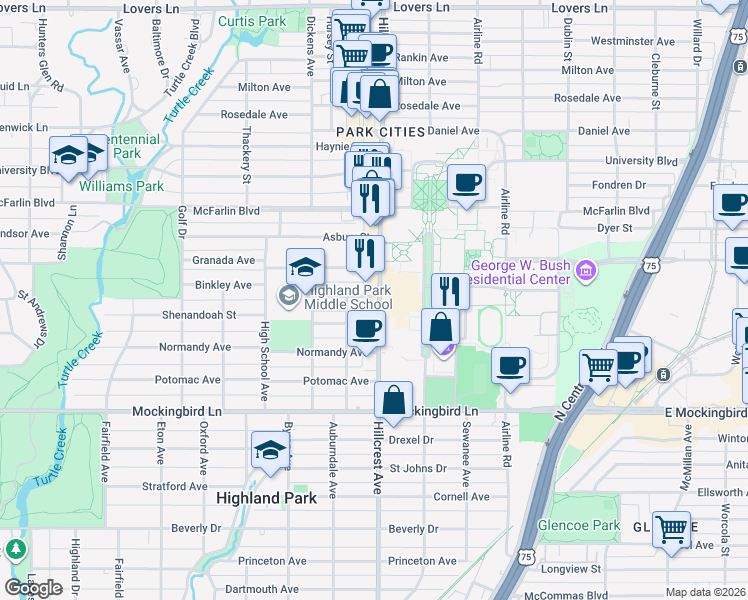 map of restaurants, bars, coffee shops, grocery stores, and more near 3409 Binkley Avenue in Dallas