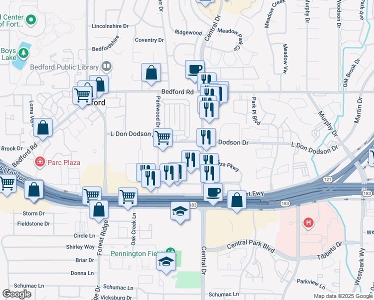 map of restaurants, bars, coffee shops, grocery stores, and more near 2016 L Don Dodson Drive in Bedford