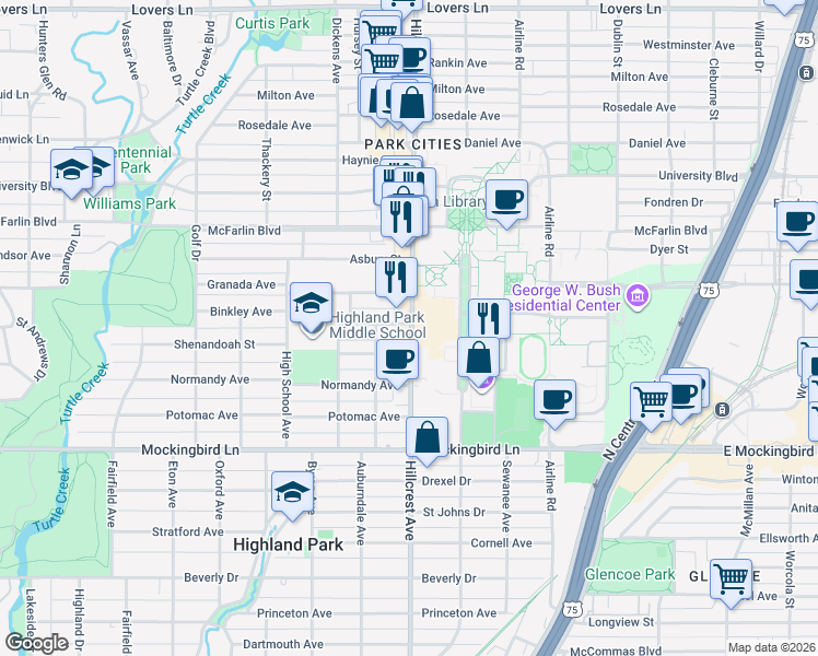 map of restaurants, bars, coffee shops, grocery stores, and more near 3405 Binkley Avenue in Dallas