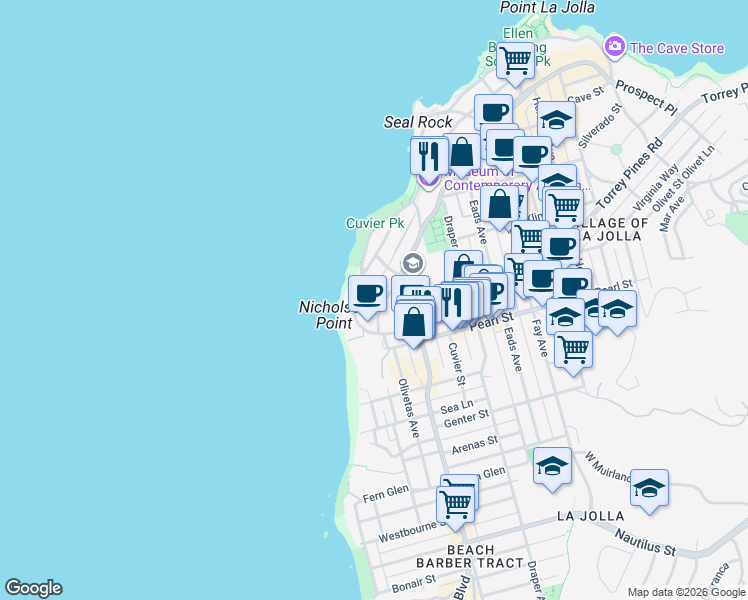map of restaurants, bars, coffee shops, grocery stores, and more near 302 Prospect Street in San Diego