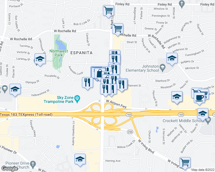 map of restaurants, bars, coffee shops, grocery stores, and more near 2450 North Belt Line Road in Irving