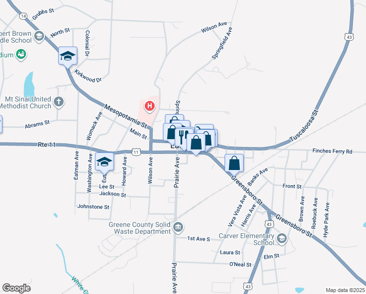 map of restaurants, bars, coffee shops, grocery stores, and more near 101 Tuscaloosa Street in Eutaw