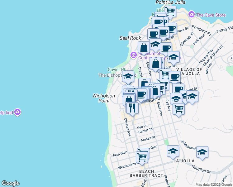 map of restaurants, bars, coffee shops, grocery stores, and more near 302 Prospect Street in San Diego