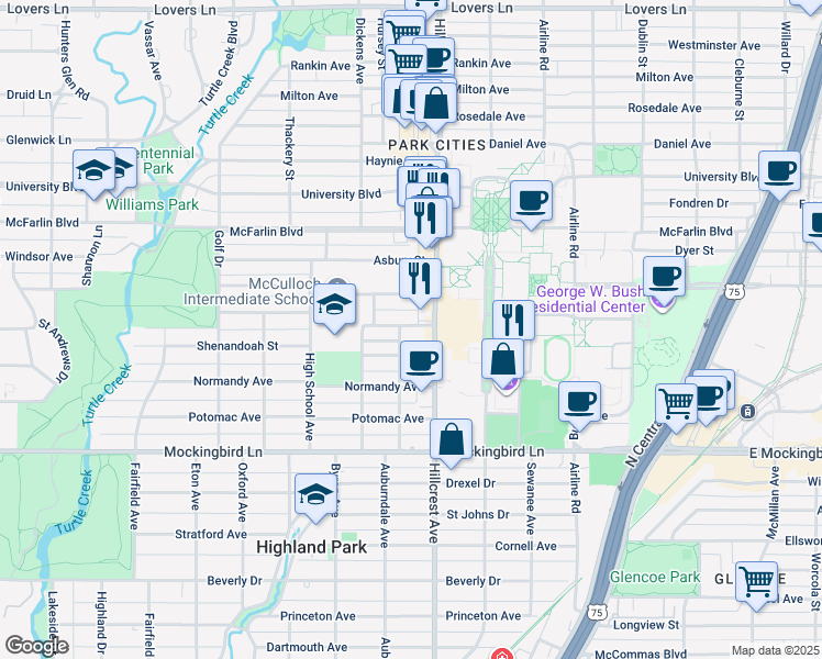 map of restaurants, bars, coffee shops, grocery stores, and more near 3413 Binkley Avenue in Dallas