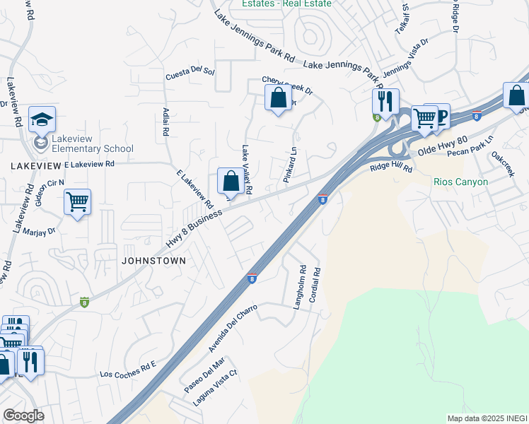 map of restaurants, bars, coffee shops, grocery stores, and more near 13755 Highway 8 Business in El Cajon