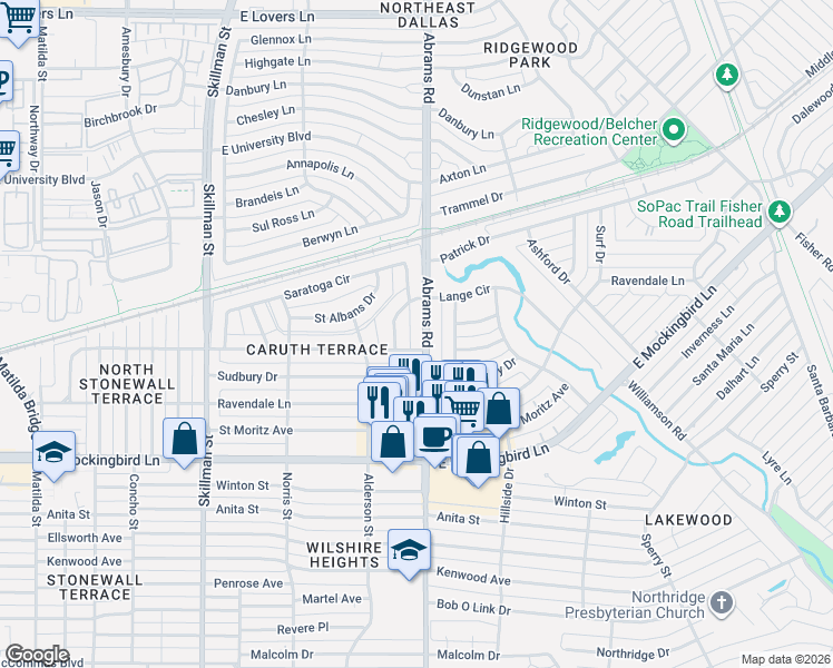 map of restaurants, bars, coffee shops, grocery stores, and more near 4427 Abrams Road in Dallas