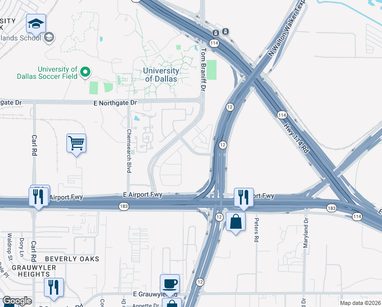 map of restaurants, bars, coffee shops, grocery stores, and more near 2041 Texas Plaza Drive in Irving