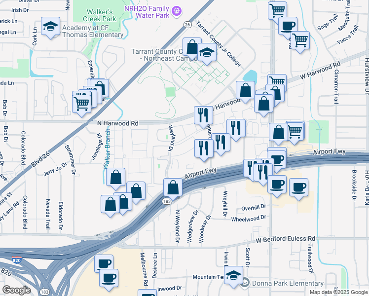 map of restaurants, bars, coffee shops, grocery stores, and more near 1598 Weyland Drive in North Richland Hills