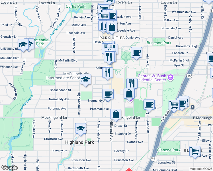 map of restaurants, bars, coffee shops, grocery stores, and more near 3407 Binkley Avenue in University Park