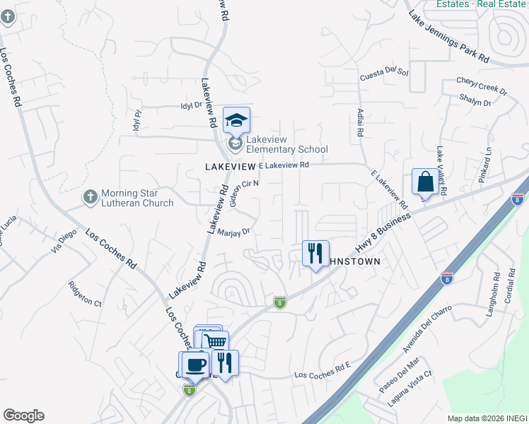map of restaurants, bars, coffee shops, grocery stores, and more near 13444 Marjay Drive in Lakeside