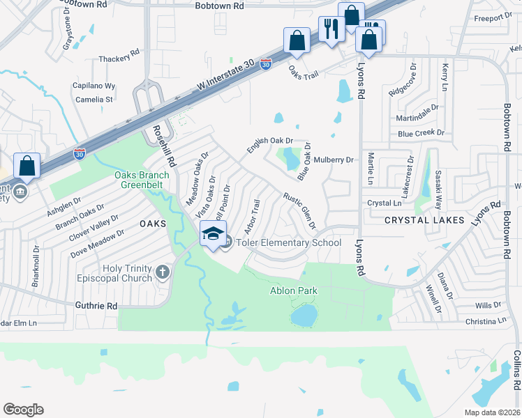 map of restaurants, bars, coffee shops, grocery stores, and more near 3609 Arbor Trail in Garland